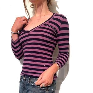 BEBE Rhinestone Logo Striped Top